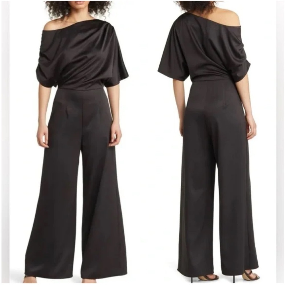 Elliatt Amari Satin Off The Shoulder Jumpsuit Size XS In Black